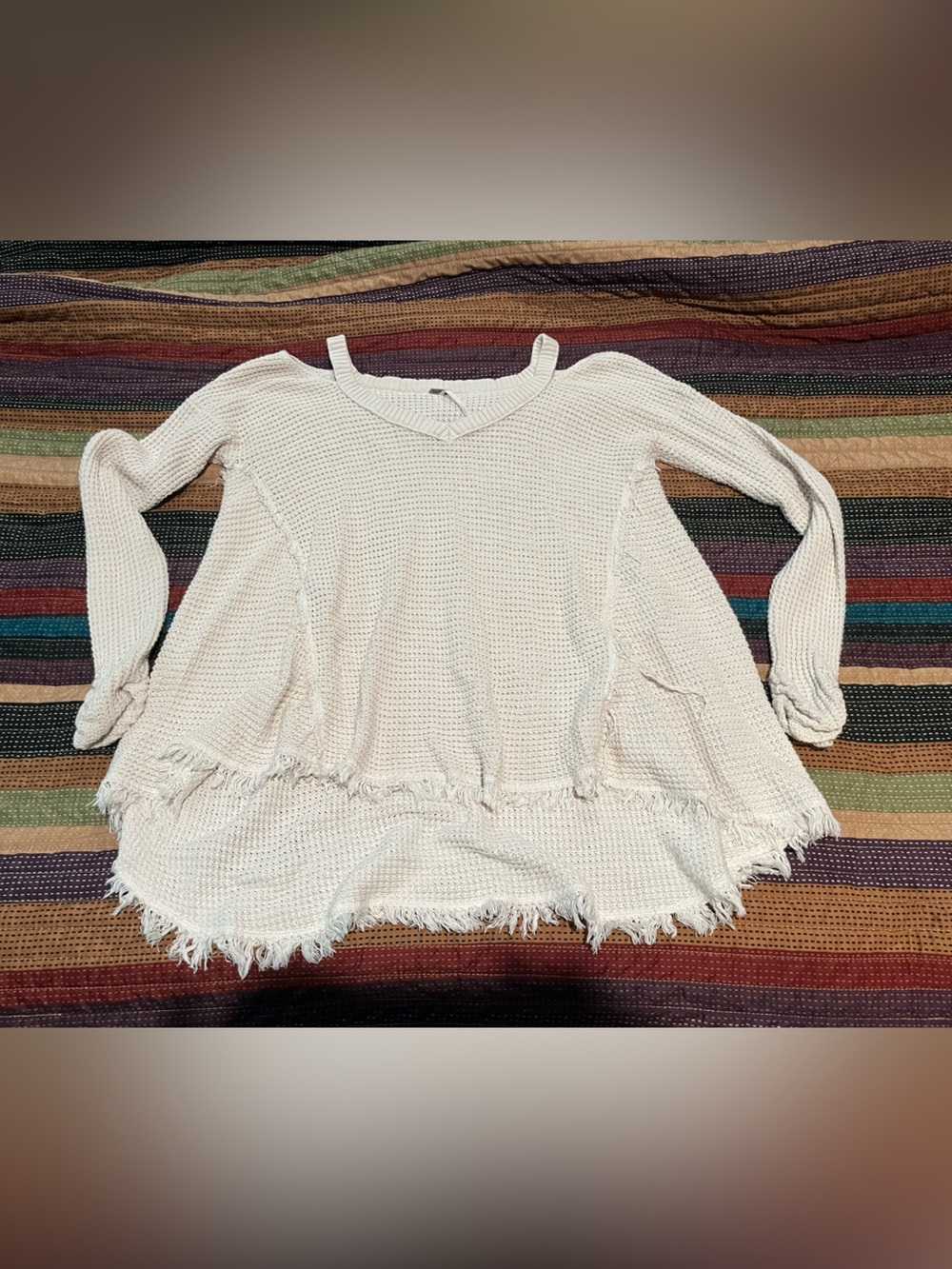 Free people Light Cream Waffle Knit Fringe Hem Women's Sweater M